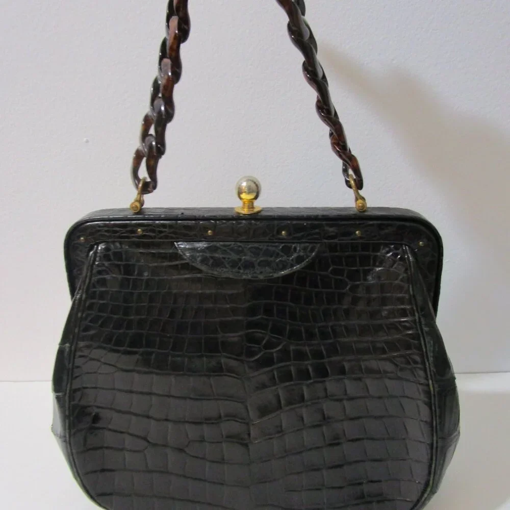 Crocodile Purse Top Handle Frame Vintage 1950s Glossy Black - Picture 1 of 16